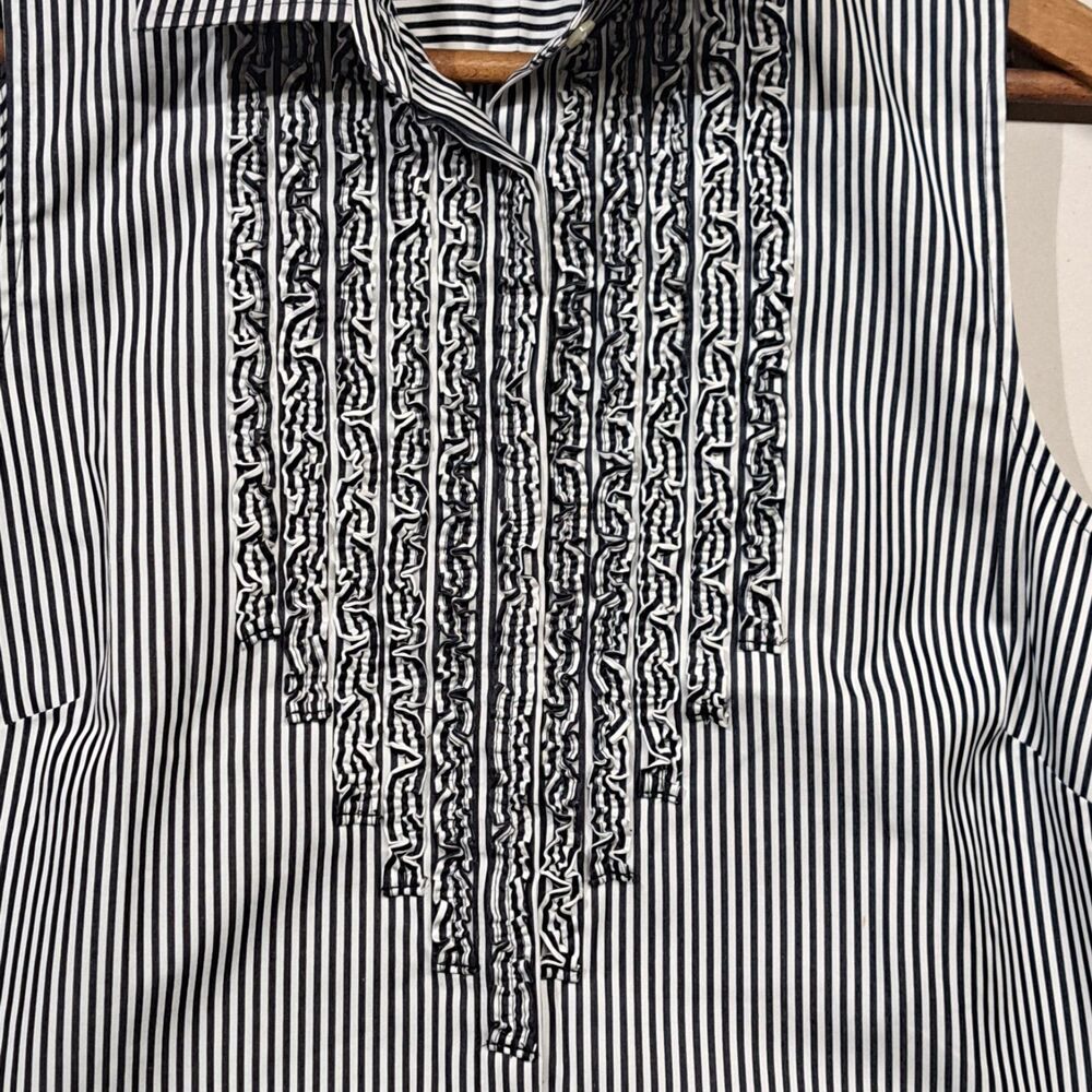 Lauren Ralph Lauren Sleeveless Ruffled Blouse Black White Stripes Size 4 Cotton - Picture 2 of 7